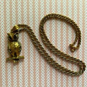 Vintage Codtume Jewelry Rhinestone Owl Chain faux gold with crystals